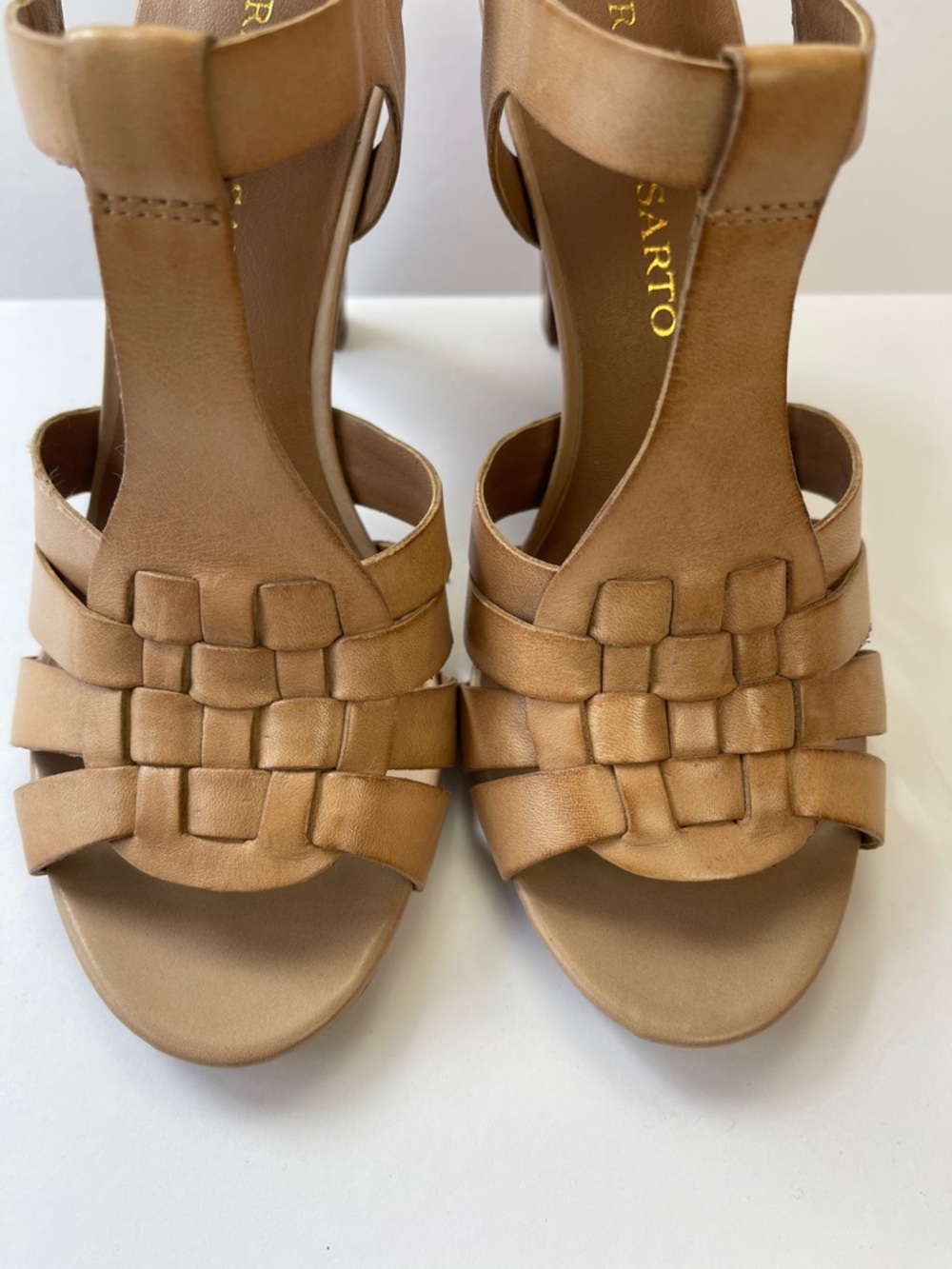 FRANCO SARTO TAN LEATHER WOVEN T-STRAP STACKED HEEL SANDALS - Picture 3 of 9